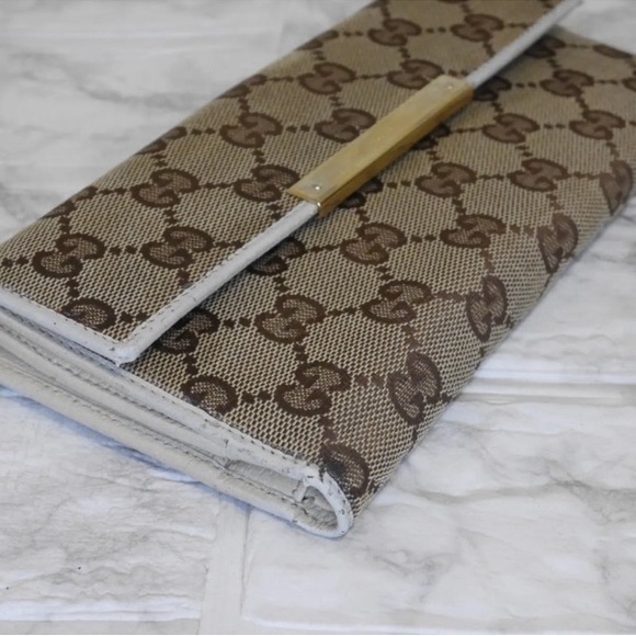 GUCCI Vintage Authentic Long Wallet Purse GG Canvas Leather White - Picture 3 of 9
